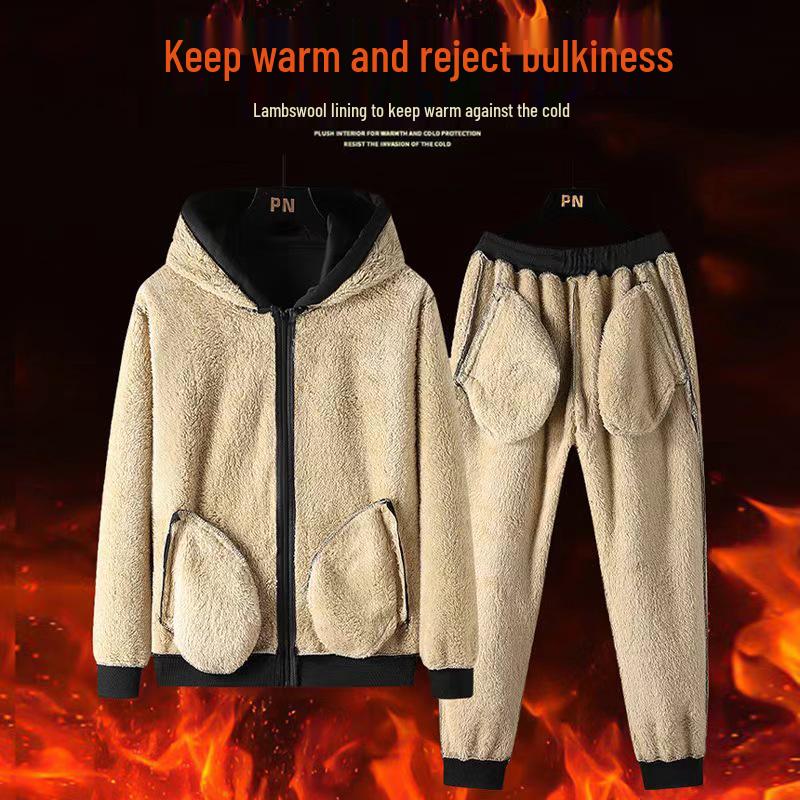 Men's 2024 Autumn/Winter Fleece-Lined Lambswool Hooded Two-Piece Set (Plus Size Available)