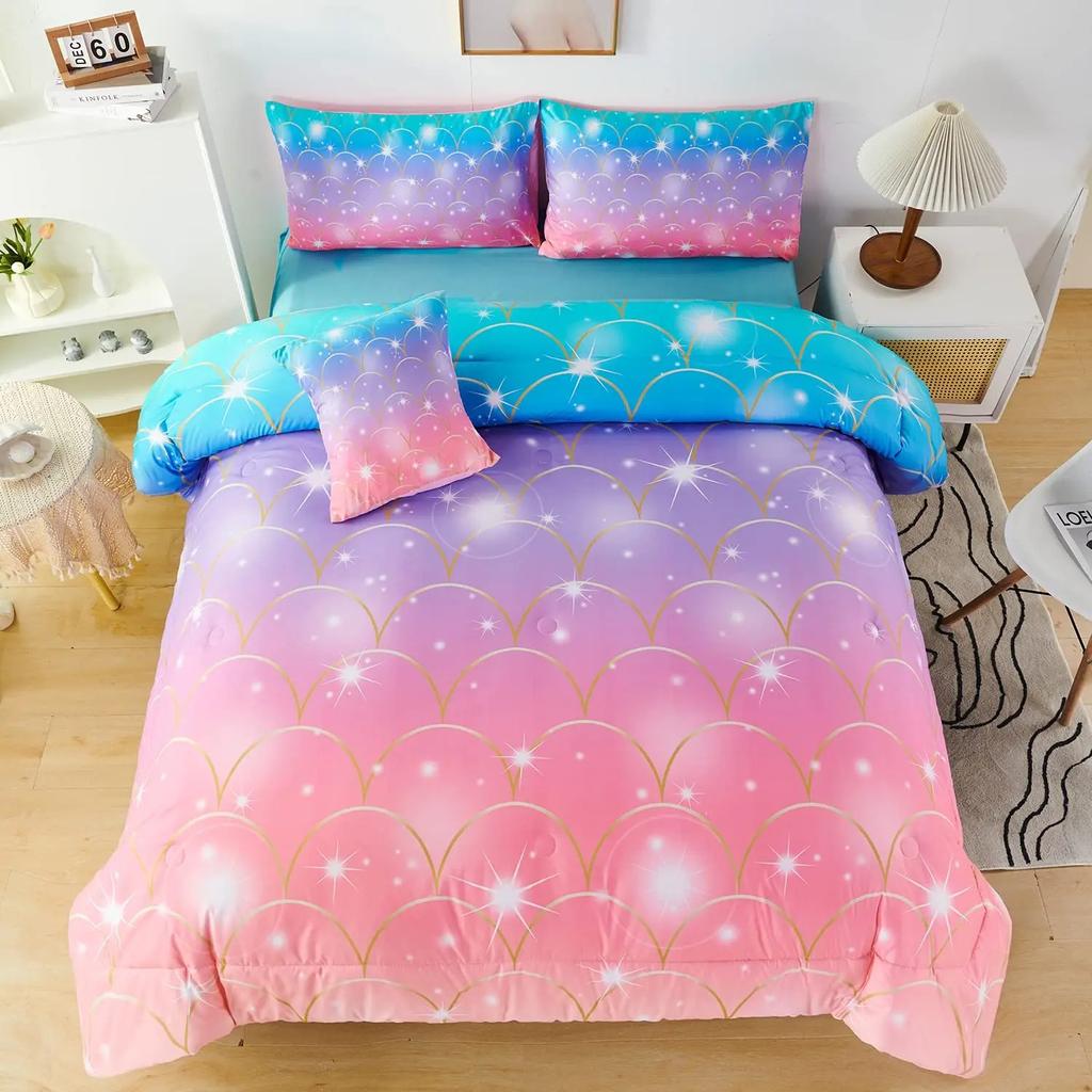 Pink Mermaid Bedding Set Comforter Twin for Kids, Glow In The Dark Mermaid Bedding Sets with Decor Pillow,3 Pieces Girls Bed Set