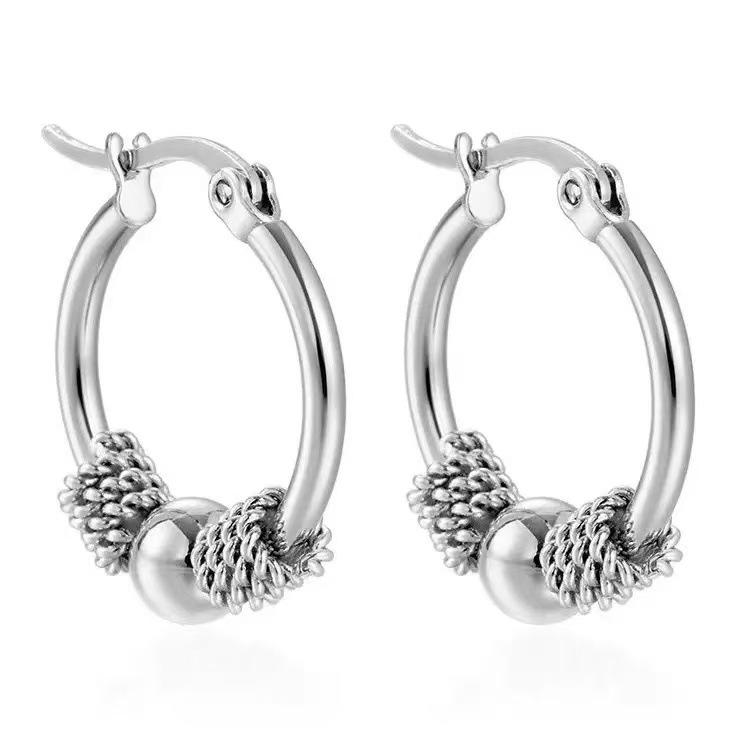 Trendy 316L Stainless Steel Twisted Luck Bead Stud Earrings