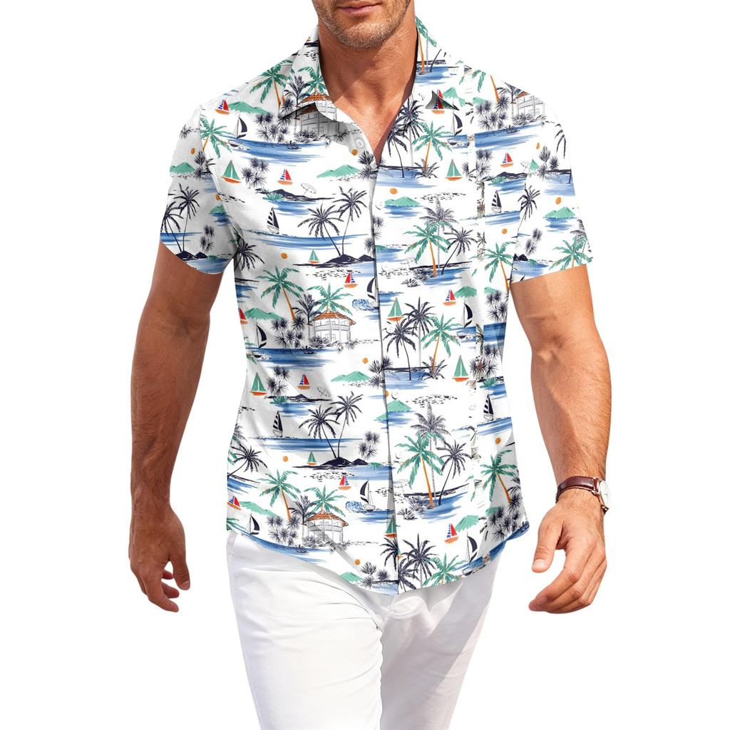 Men's Casual Loose Fit Short Sleeve Hawaiian Shirt Button Down Lightweight Summer Beach Shirt with Shark Print Design