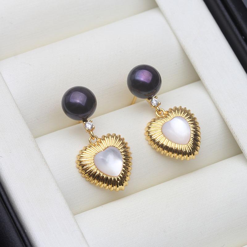 Genuine Fresh water Stud Earrings with Pearls Woman,Natural Heart Pearl Earrings Jewelry Wife Mother Birthday Gift White Black