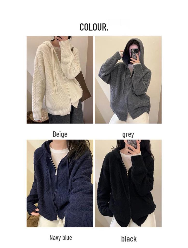 2025 Autumn/Winter Women's Thickened Pure Wool Hooded Cardigan with Pockets - Versatile Fashion Knitwear Outerwear