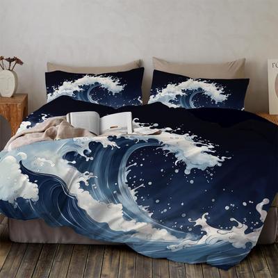 Japanese Style Waves Queen Duvet Cover Set Ocean Coastal Theme Comforter Covers with Zipper, Bedding Set for Kids Teens Adults