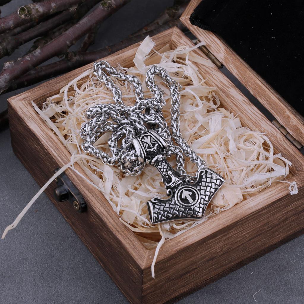 Stainless Steel Viking Thor's Hammer Odin Rune Necklace Men's Charm Hip Hop Biker Amulet Pendant Vintage Jewelry Christmas Gift