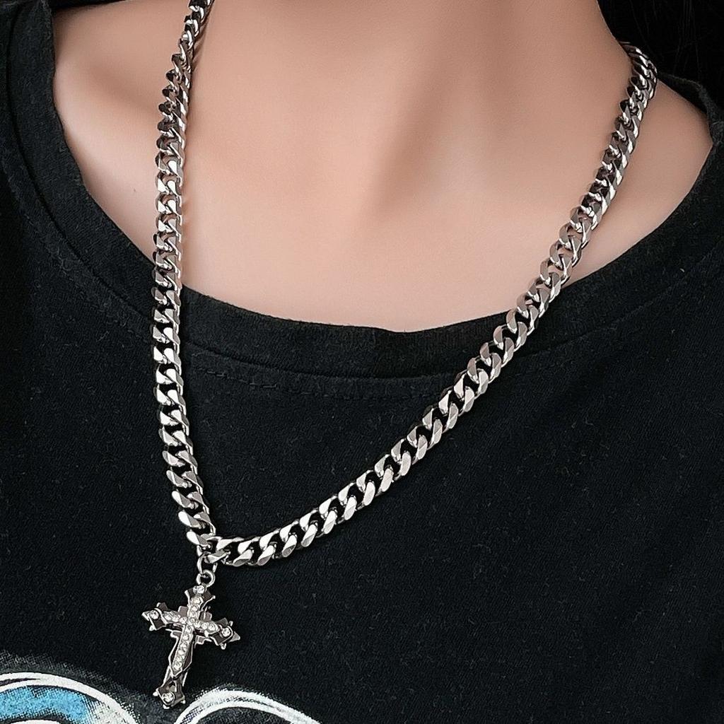 Necklace Cuban Chain Cross Pendant Male Tide Hip Hop Titanium Steel Non-Fading High Street Thick Versatile Necklace