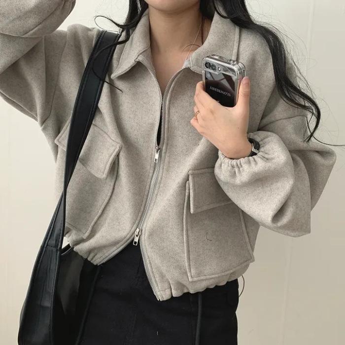 

Korean chic autumn and winter French age reduction lazy loose double pocket zipper lapel drawstring waist short coat women M слоновая кость