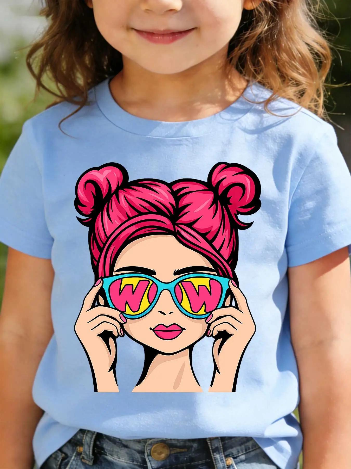 Childrens Shortsleeved Tshirts for Boys and Girls Loose and Breathablepop Art Girl Wow Sunglasses Cartoon Girl Retro Pop 100