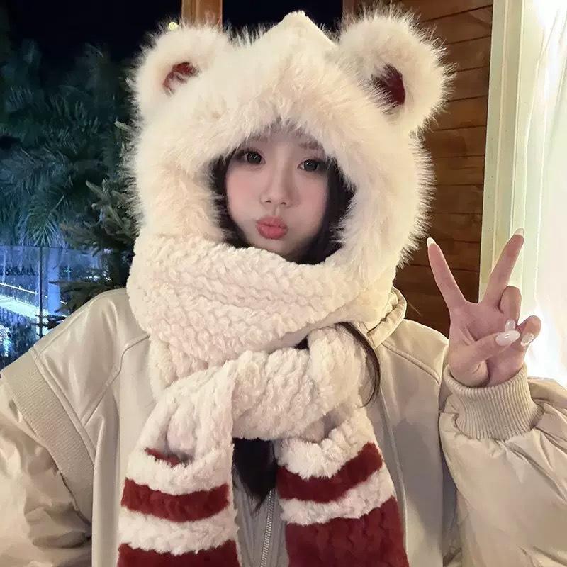 Cute bear ear hat, scarf, and gloves all-in-one, warm and cold-proof, thick plush ear protection cycling hat for women in autumn and winter