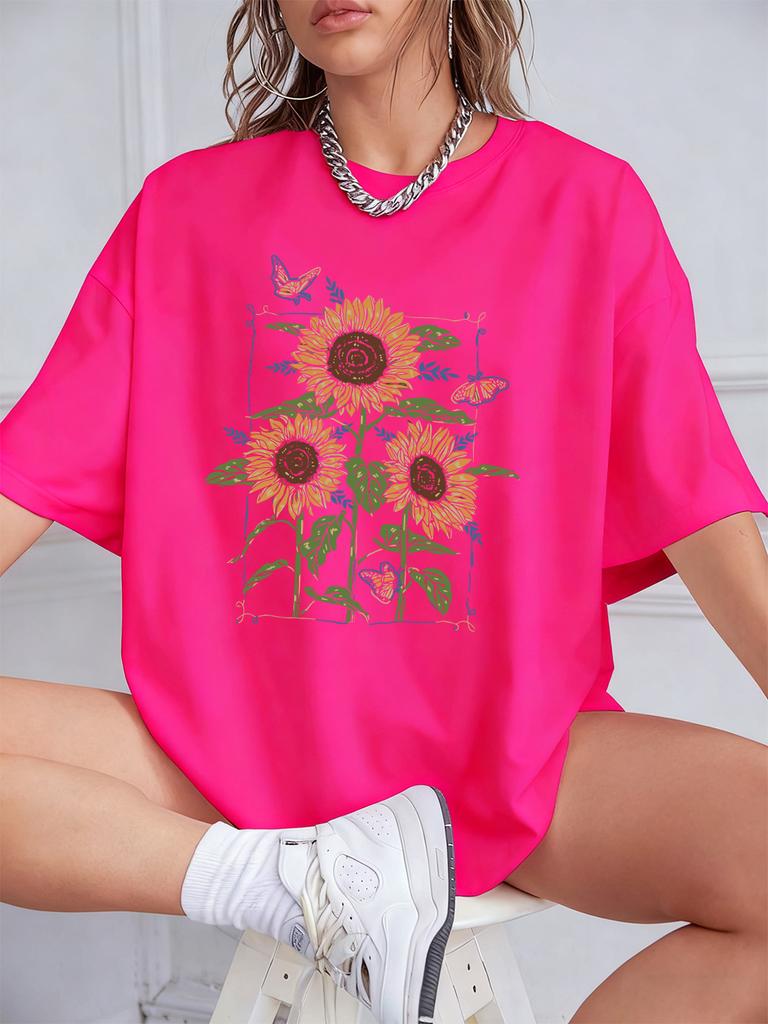 Sunflower Oil Printing Prints TShirts Womens Summer Cotton Short Sleeve T Shirt Loose ONeck Comfortable Tops Casual Clothes