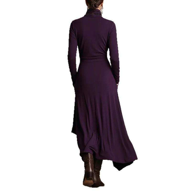 Women's High Neck Long Sleeve Asymmetrical Ruffle Midi Dress Elegant Party Dress