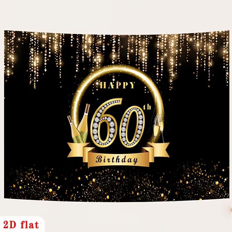 2D Happy 60th Birthday Backdrop, Black Gold Glitter 60 Years Old Party Photography Background Banner