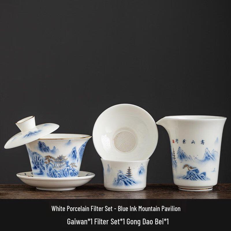 

Blue Ink Mountain Pavilion White Porcelain Tea Set with Floating Gaiwan