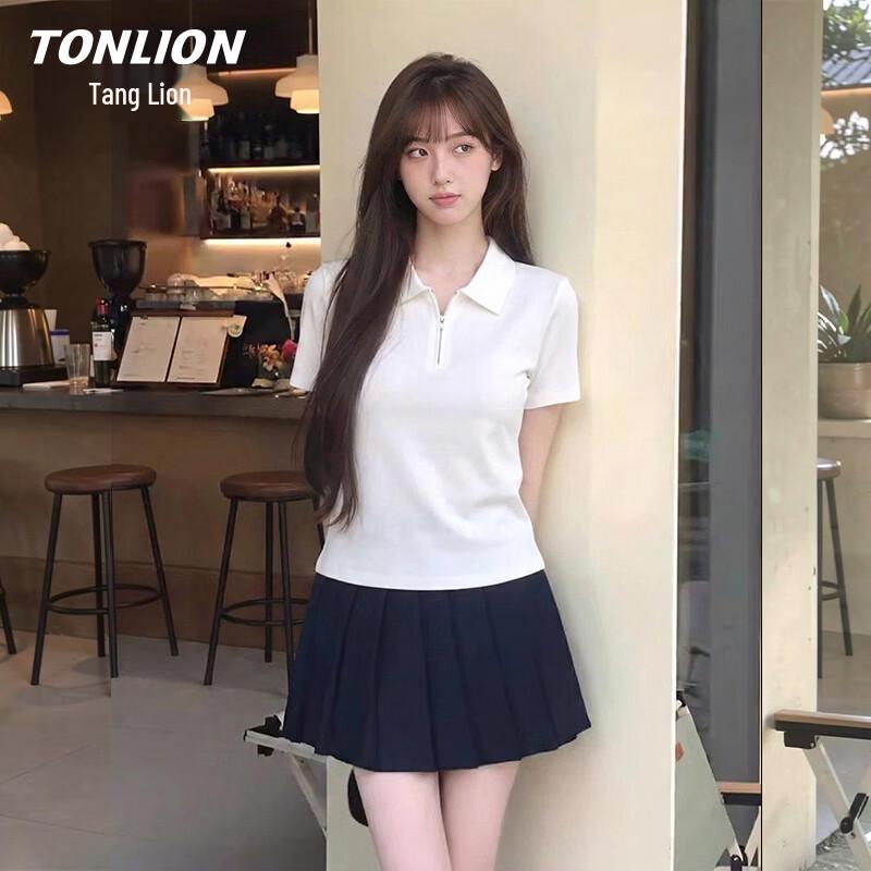 TonLion Women s Pleated Slim Fit Short Sleeve Polo T-Shirt L