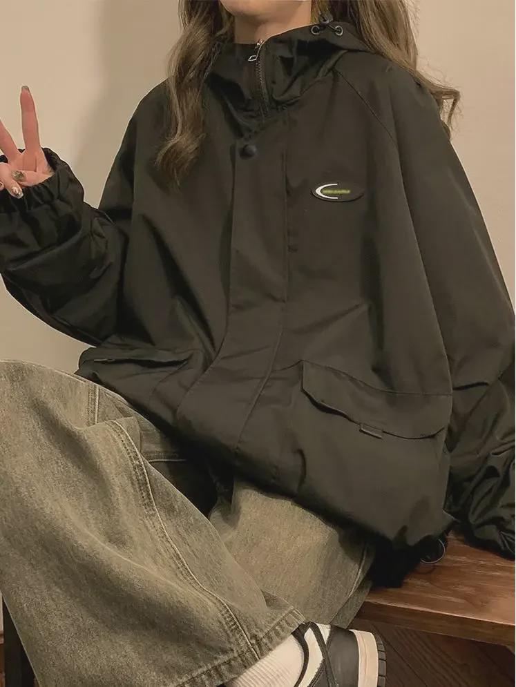 Women's Black Hooded Jacket - Spring & Autumn College Style, Loose Fit Retro Workwear.