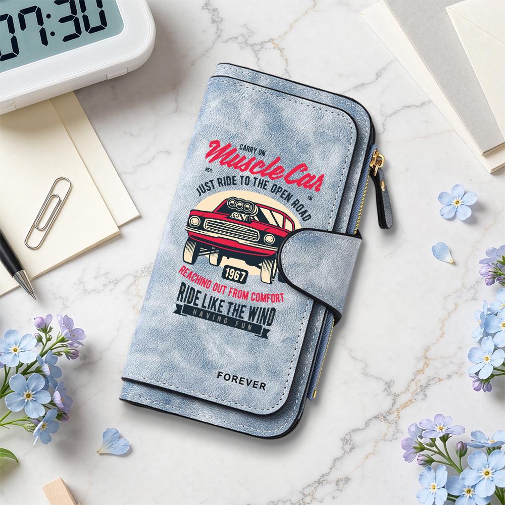 Retro Muscle Car Print Long Wallet Multi Slot Durable Casual Daily Purse