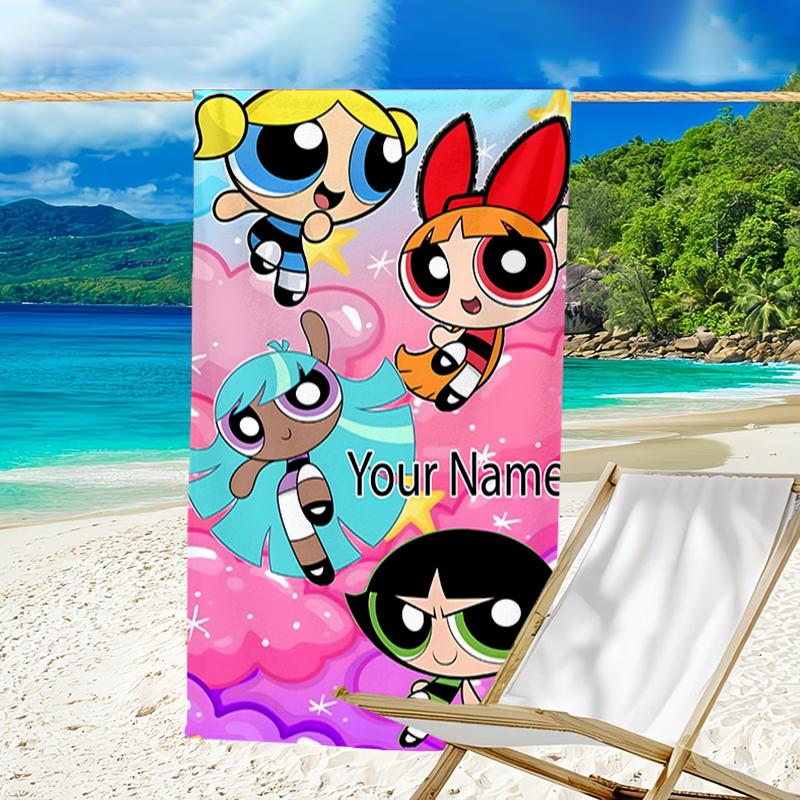 1pc Powerpuff Beach Towel with Custom Name, Beach and Seaside Swimming Pool Equipment, Fashion Pattern, Rectangular, Travel Essential