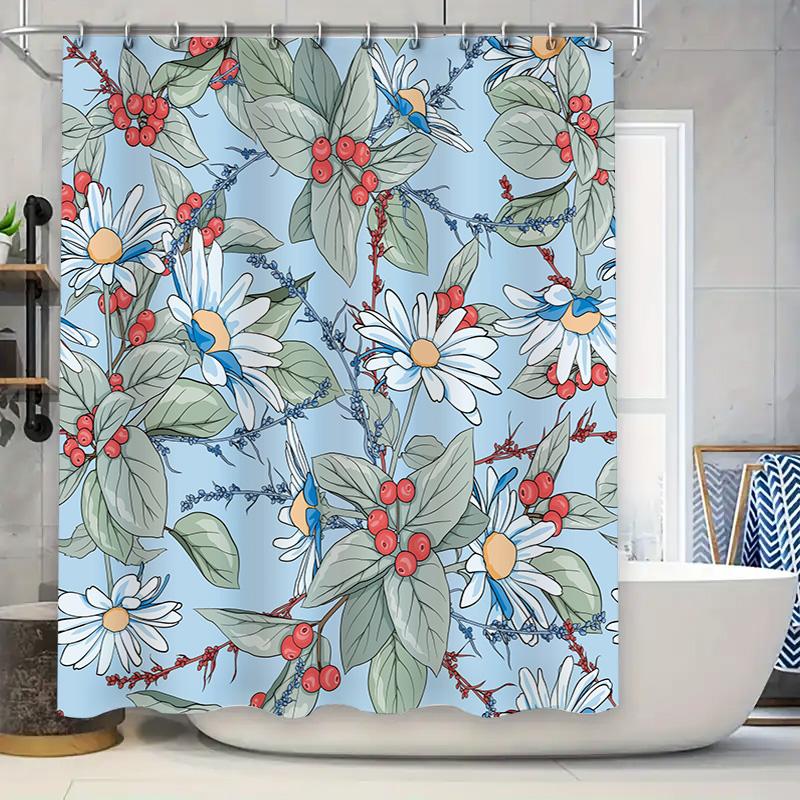 

Beautiful Blue Floral Shower Curtain With Green Leaves For Bathroom Decor Size69X70 Inches Matching Hooks Included W60H190(CM)-1 Pcs