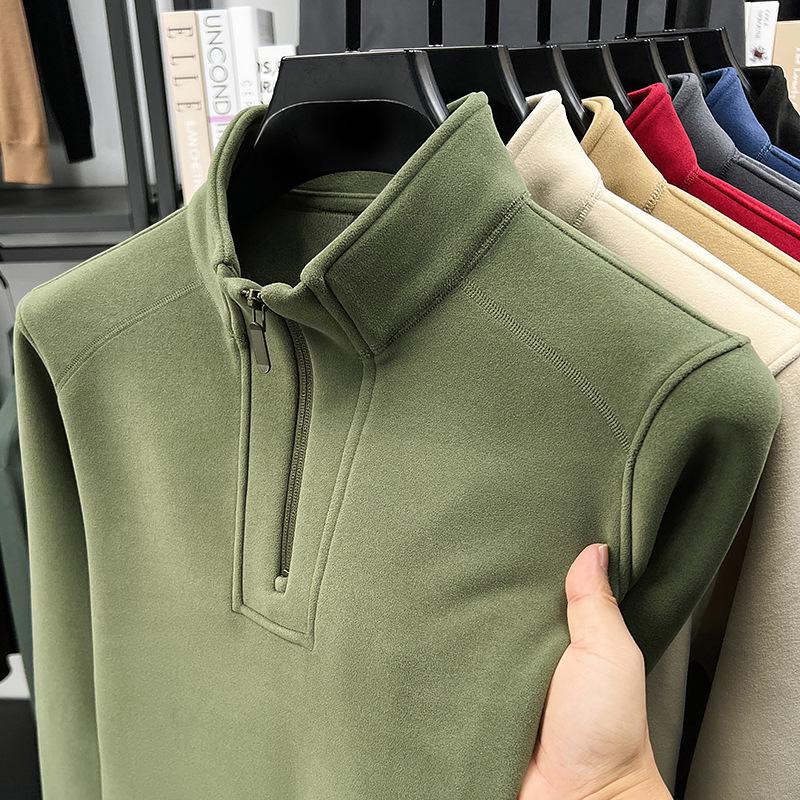 2025 Autumn/Winter Men's Solid Color Half-Zip Windproof Stand Collar Fleece Hoodie