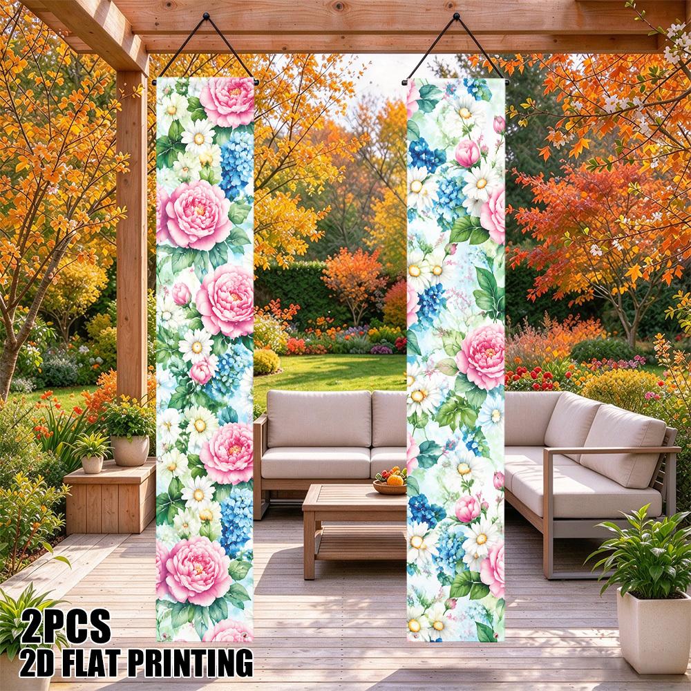 2D Flat, 2D Flat Printing 2pcs Pink Peony Daisy Porch Banner, Door Sign Outdoor Hanging Decoration, Vertical Porch Couplets Banner for Home Party Entr