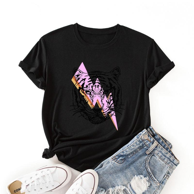 

Летняя женская свободная рубашка с принтом «Тигр» из чистого хлопка с круглым вырезом и короткими рукавами, футболки женские XXXL чёрный