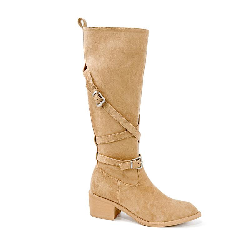 Cowhide Version~ Maillard Strap Buckle Thick Heel High Knight Boots Women's Autumn and Winter New Suede Pointed Western Boots