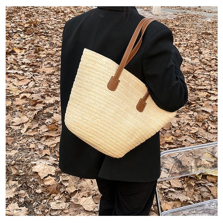 Summer Vacati Women's Straw Woven Shoulder Bags Beach Striped Ladies Bucket Handbags Simple Female Sea Side Large Tote Bag