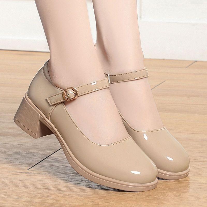 women fashion sweet black patent leather buckle strap square heel shoes lady comfort office career work pumps ab623