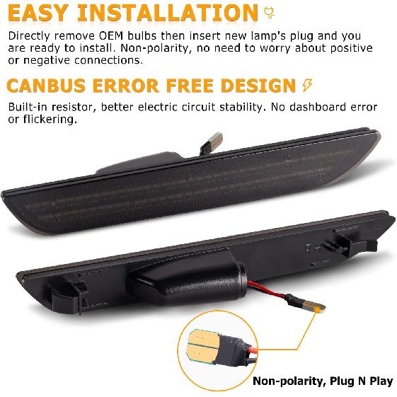 Gempro LED Side Marker Lights For Ford Mustang 2015- Rear White Fender Marker Reflectors Lamps Smoked Len, 2PCS