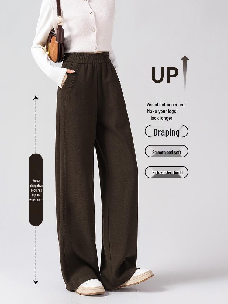 Women's Wool Wide-Leg Pants, Brown Herringbone, Slimming & Comfortable, Skin-Friendly, 2025 Autumn/Winter Collection