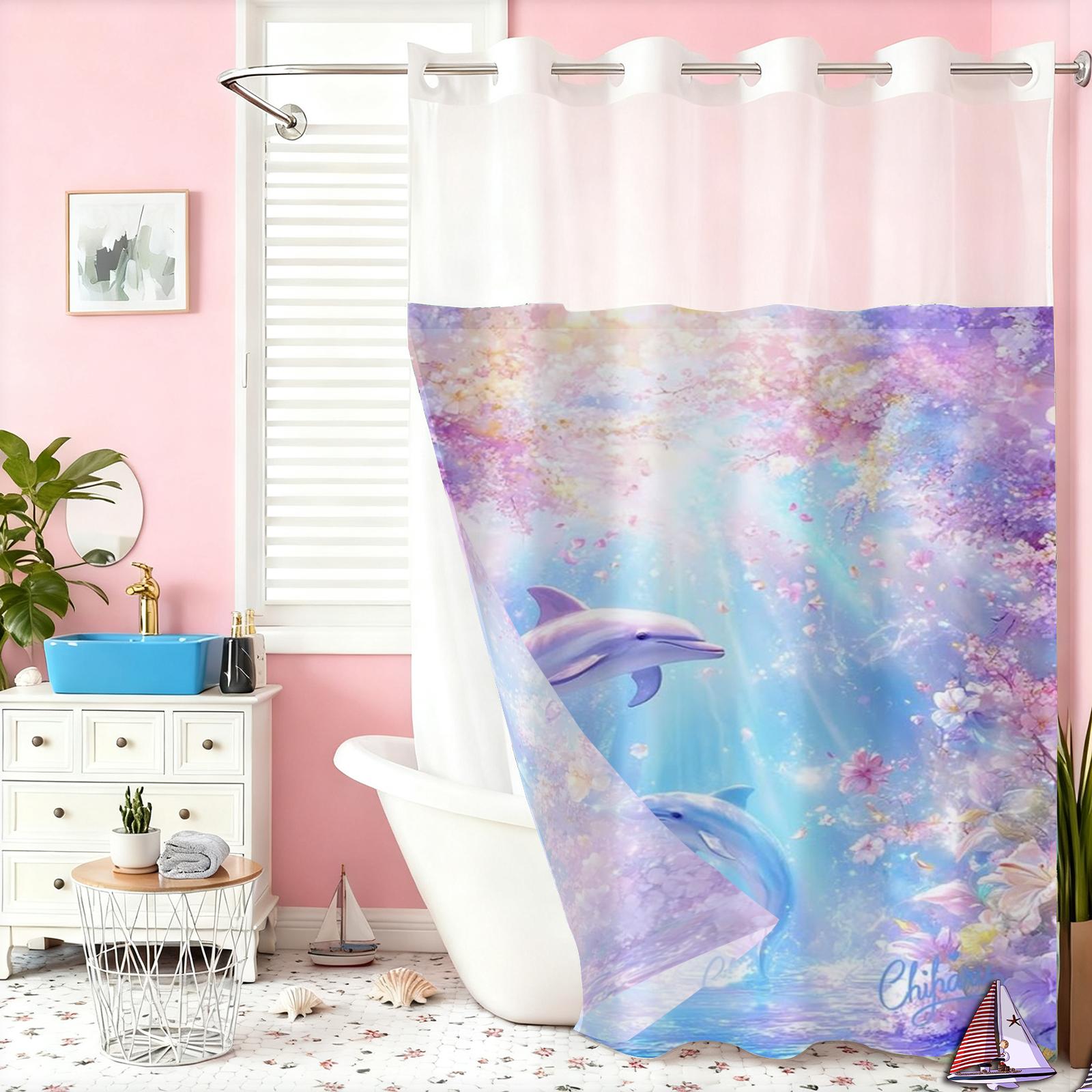 

No Hook Beach Fishes Shells Pattern Shower Curtain With Snap-In Fabric Liner Sheer Top Window, Double Layer Bathtub Curtain W60H190(CM)-1 Pcs