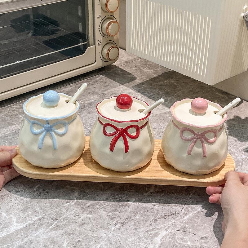 Cute bow seasoning jar kitchen household combination set ceramic seasoning box pepper salt jar spice storage box