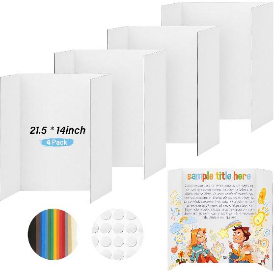 4 Pcs Trifold Poster Board, 21.5x14 inches Small White Poster Board Comes with Sticky Accessories, Corrugated Presentation Boards, Display Board for
