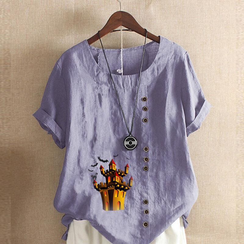 Women's Fashion Haunted House Prined Round Neck Short Sleeve T-shirt Casual Cotton Linen Graphic Shirt Leisure Loose Summer Blouse Tops