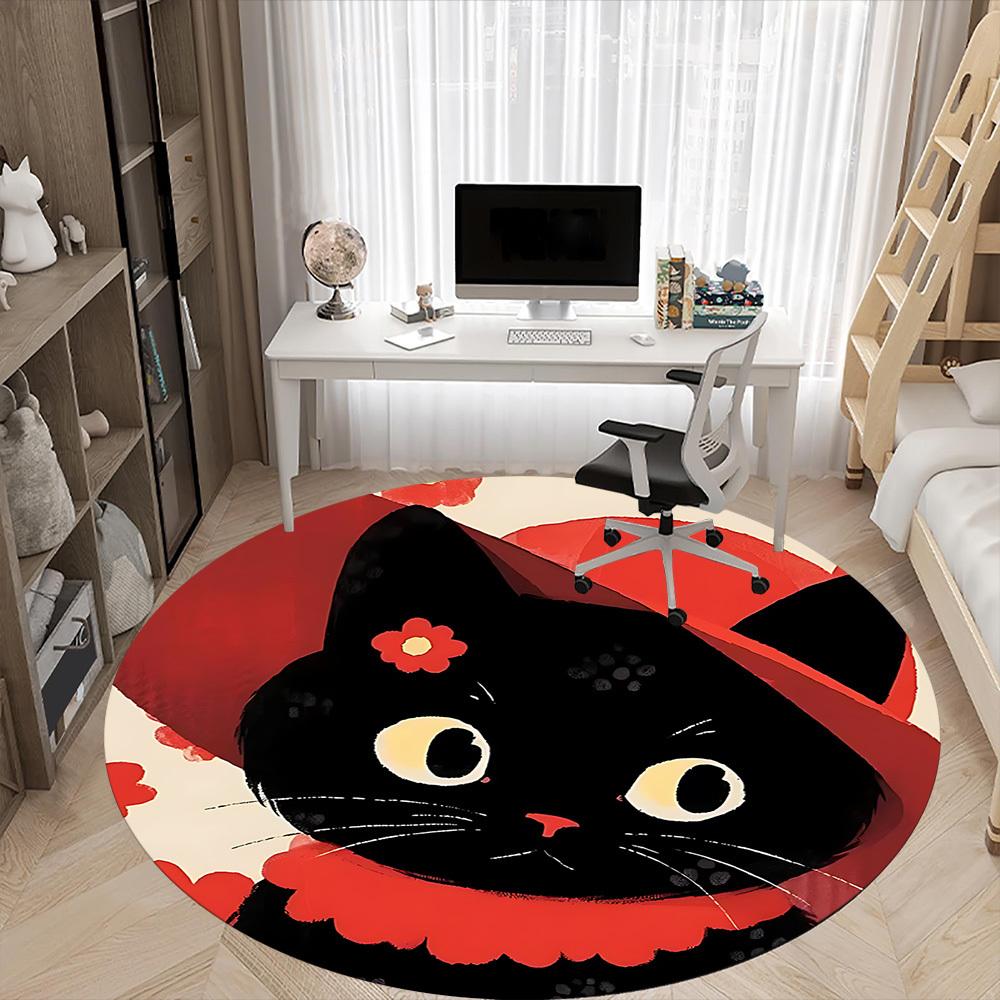 1PC Cat Floral Office Round Area Rug,  Mat Suitable ForOffice, Under Office Chairs Bedroom Living Room Home Decor, Room Deco