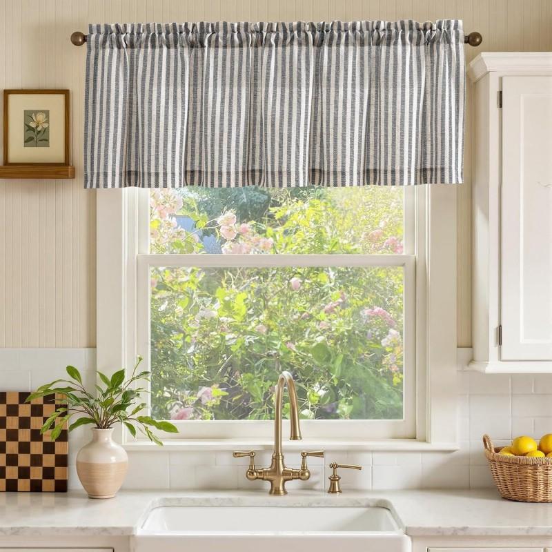 Linen Blend Flat Panel Striped Curtain Kitchen Dining Living Room Short Window Treatment Rod Pocket