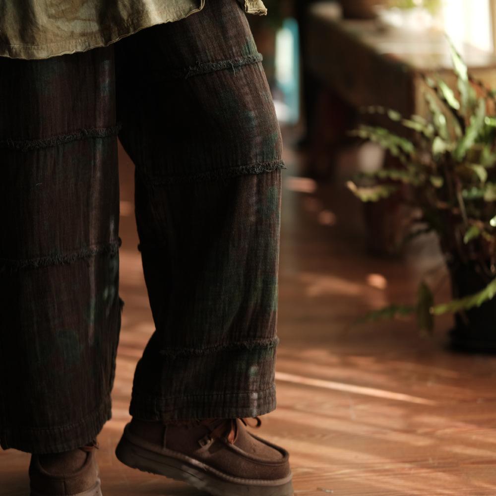 Johnature Vintage Damskie Spodnie z Szerokimi Nogawkami Elastyczny Pas Luźne Spodnie Patchworkowe Jesienny Nadruk Kwiatowy Długie Spodnie