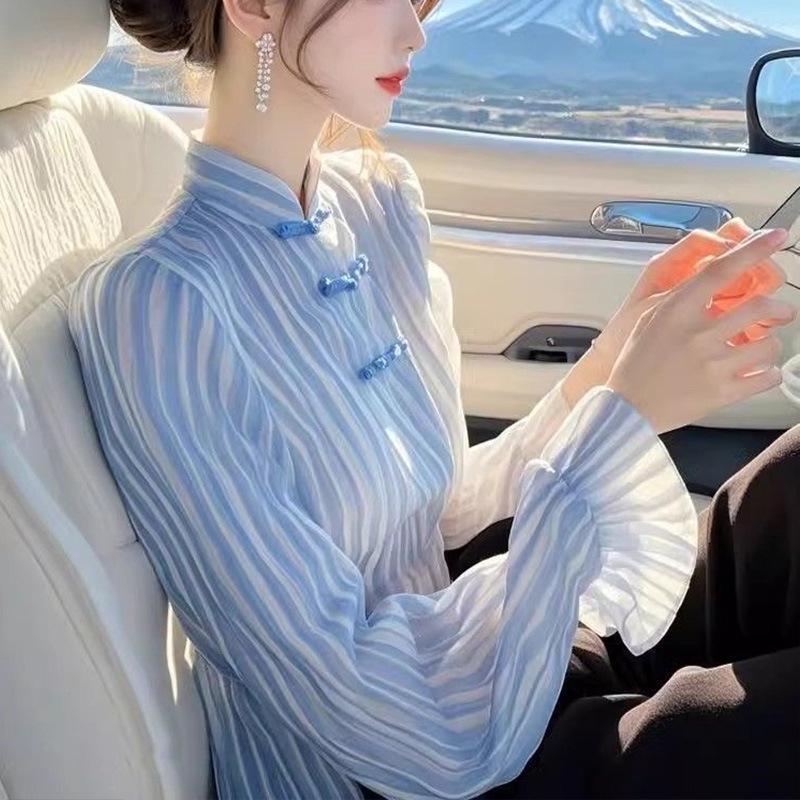 2025 Women s Tang Suit: Blue Striped Stand-up Collar Shirt with Frog Buttons M (95-105 jin) синий