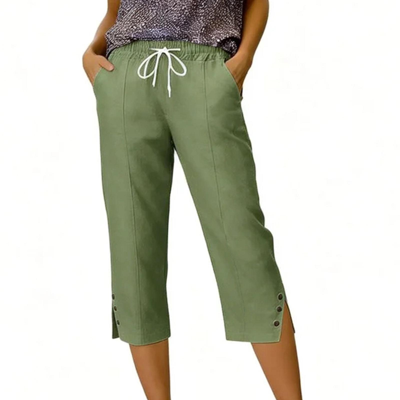Women s Fashionable Relaxed-Fit Split-Hem Button-Decorated Casual Cotton-Linen Blend Cropped Pants L