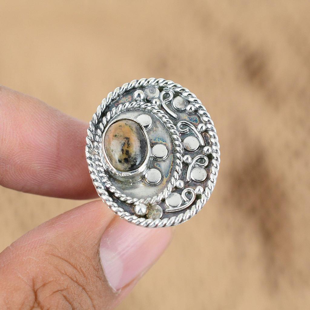 Sterling Silver Oval Honey Dendrite Opal Gemstone Birthday Wedding Ring Jewelry