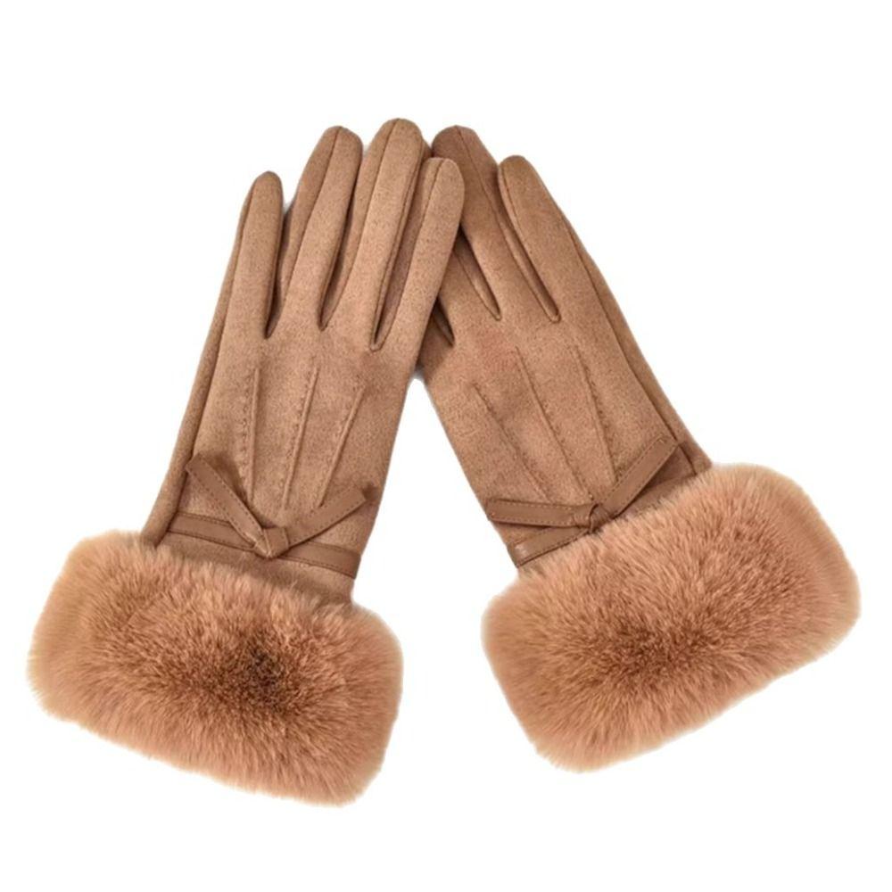 Bow Winter Suede Gloves Soft Women Cycling Mittens All-Match Pu Leather Gloves  Outdoor