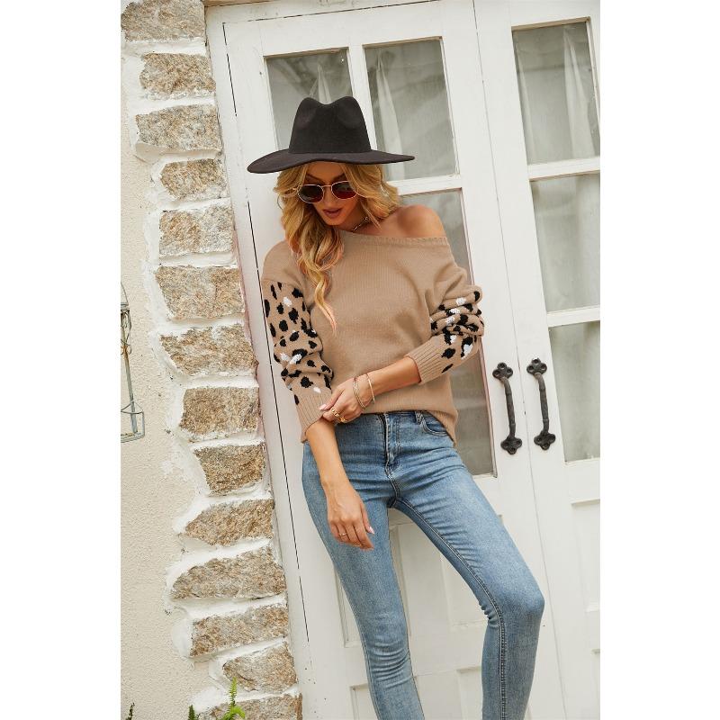 

Осенне-зимний женский свитер, свободный вязаный свитер с круглым вырезом и леопардовым принтом, женский пуловер большого размера, свитер XL верблюд