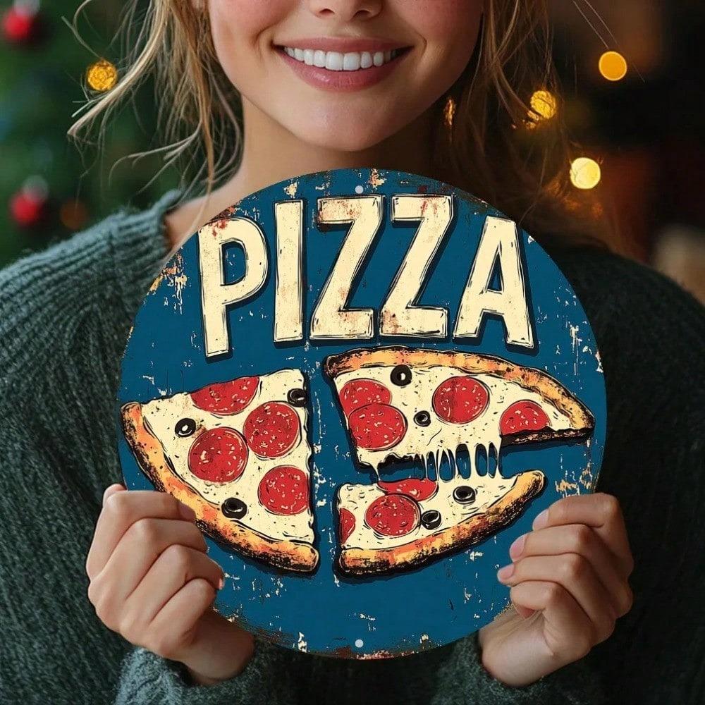 Vintage Pizza Slice Metal Round Wall Art Rustic Blue Tin Sign Home Bar Office Decor Pizza Lover Gift