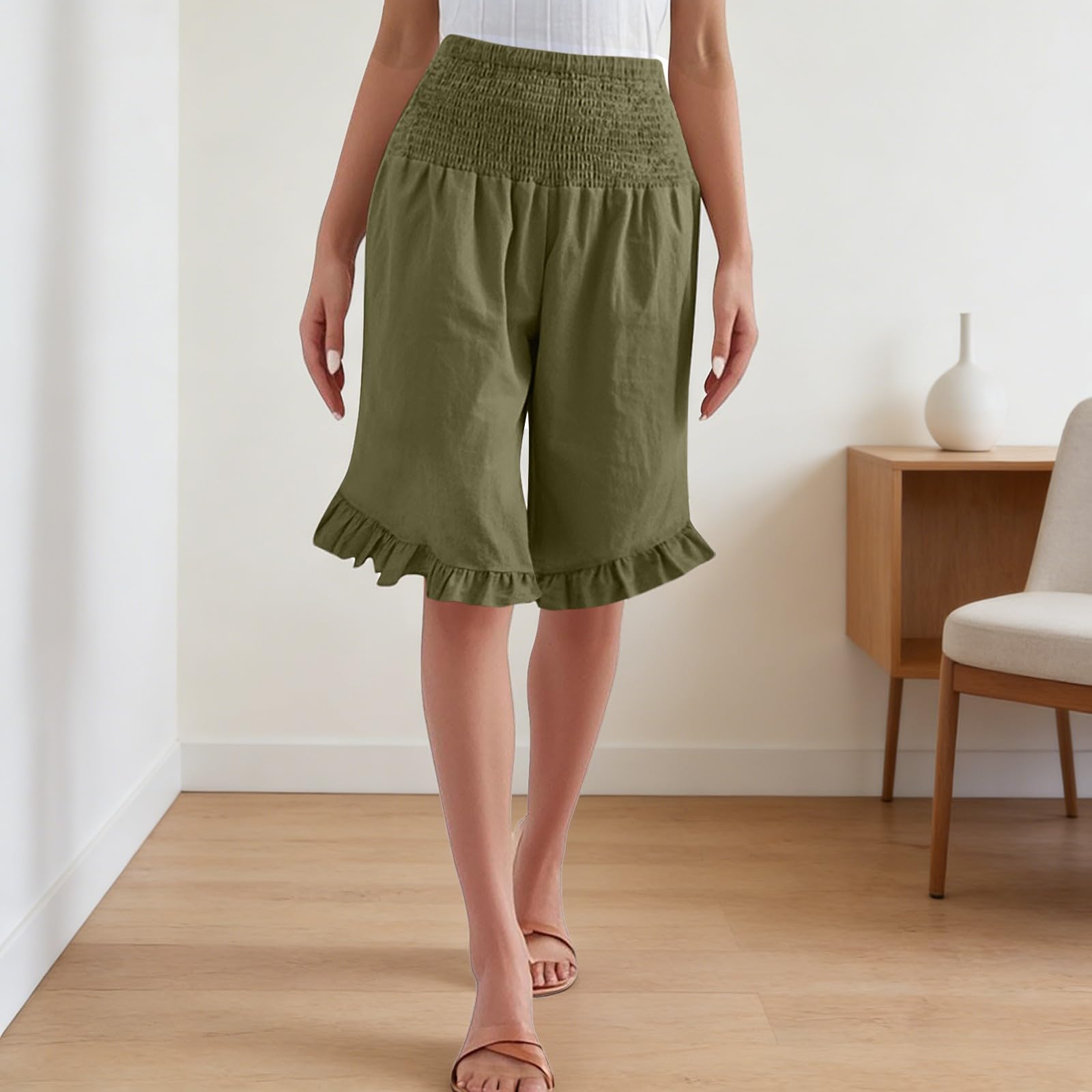 Women s Color High Waisted Pleated Cotton Linen Loose Casual Shorts L
