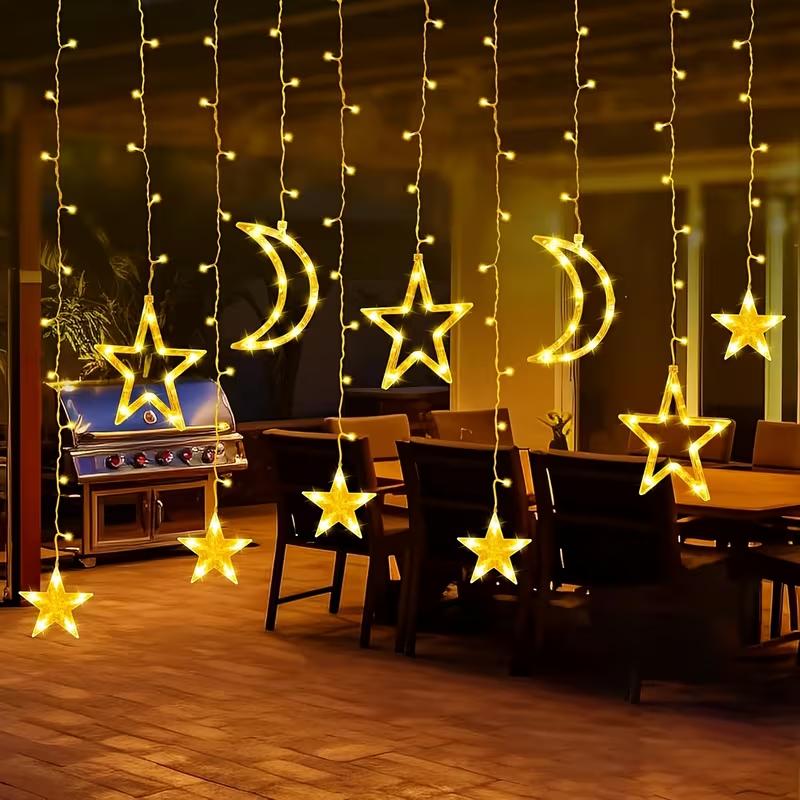 Star Moon Curtain String Lights, USB Powered LED Fairy Lights, Warm & Colorful Lighting, Christmas Ramadan Bedroom Holiday Party Decor