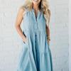 Summer Women Dress Sleeveless A-line V Neck Striped Print Single-breasted Side Pockets Big Swing Buttons Shirt Type Pleated Patc