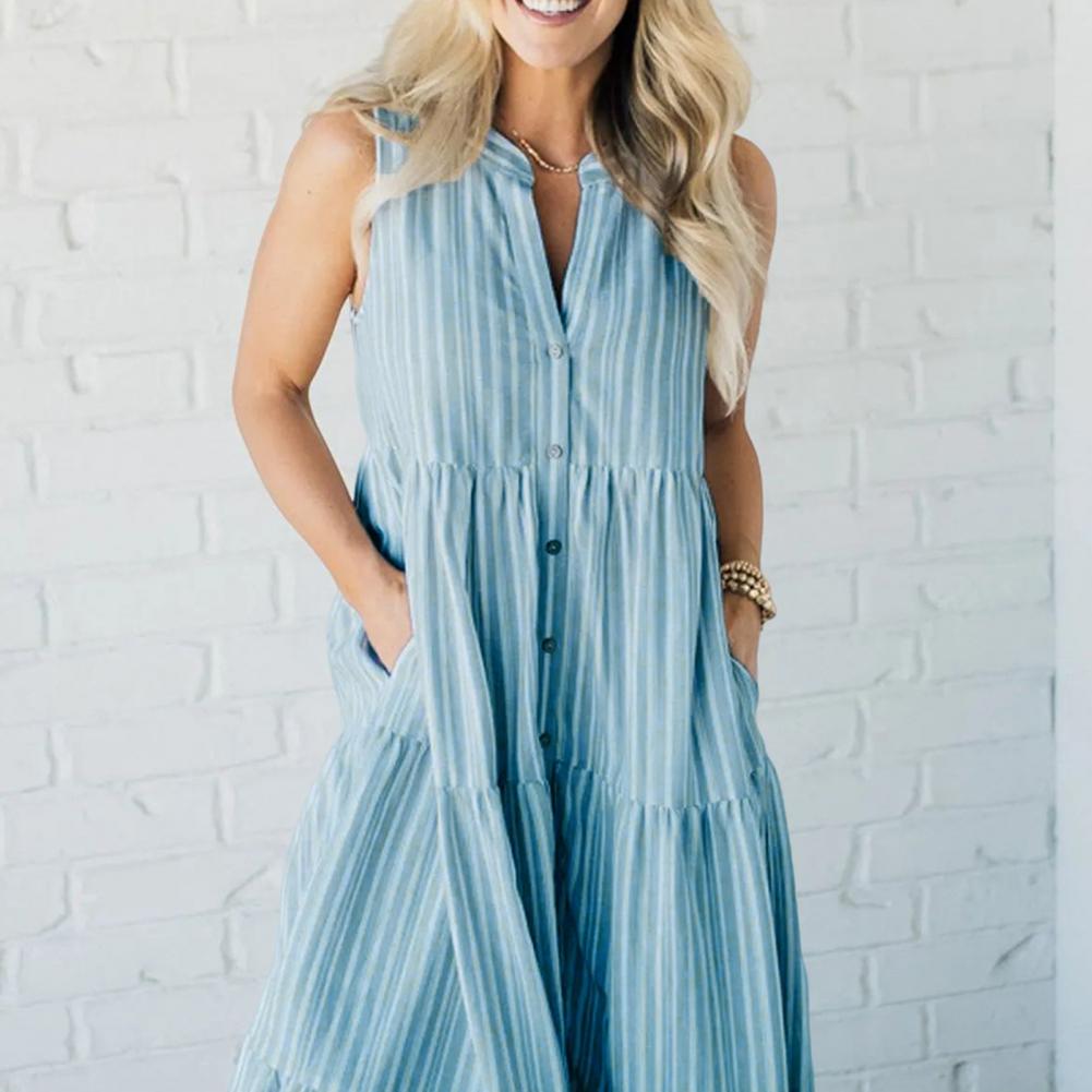 Summer Women Dress Sleeveless A-line V Neck Striped Print Single-breasted Side Pockets Big Swing Buttons Shirt Type Pleated Patc