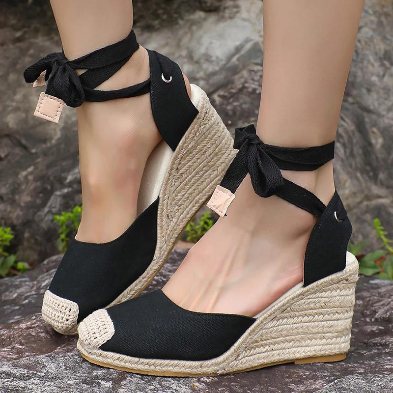 Espadrilles Wedge Sandals for Women Summer 2025 Closed Toe Ankle Strap Slingback Sandals Woman Comfort Lace Up Casual Sandalias