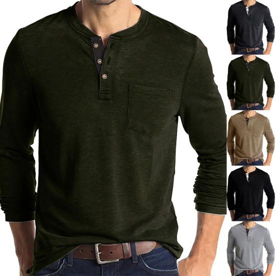 O-Neck Long Sleeve Pocket Men Shirt Buttons Neck Solid Color Pullover Top for Autumn Winter