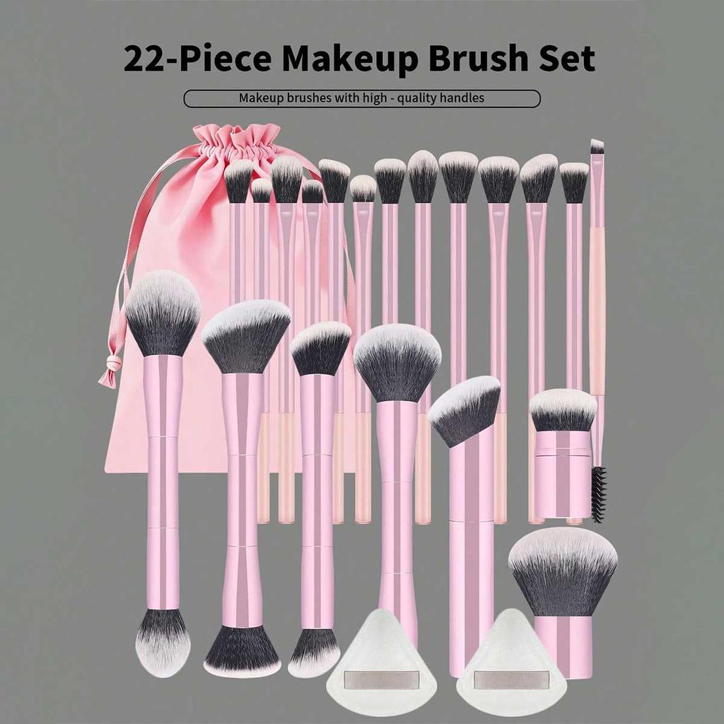 22pcs Professional Makeup Tools Set With Velvet Bag,20pcs Soft Long Aluminum Tube Makeup Brush Set+2pcs Powder Puffs Accessories