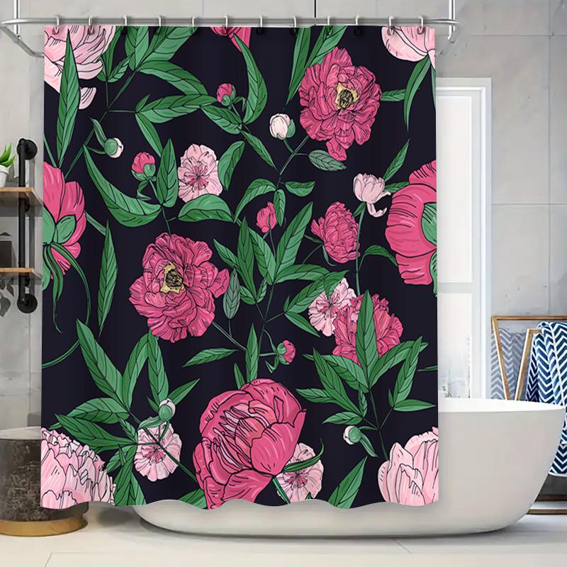

Retro Floral Print Shower Curtain For Bathroom Decorations Pink Peonies On Black Background Waterproof Fabric With Hook Set Incl W60H190(CM)-1 Pcs